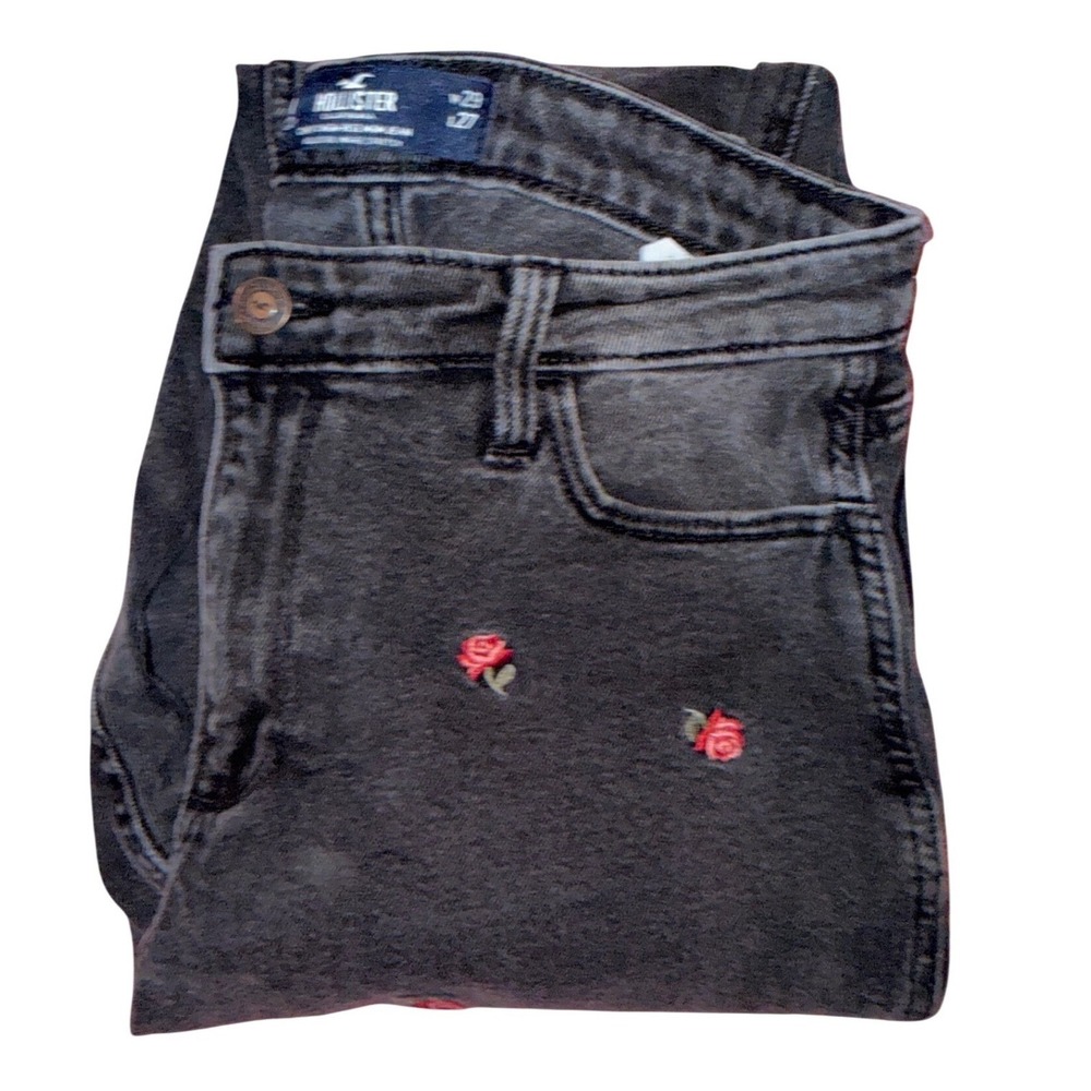 Hollister Embroidered Rose Charcoal Gray Denim Jeans Size 29x27 Straight Leg